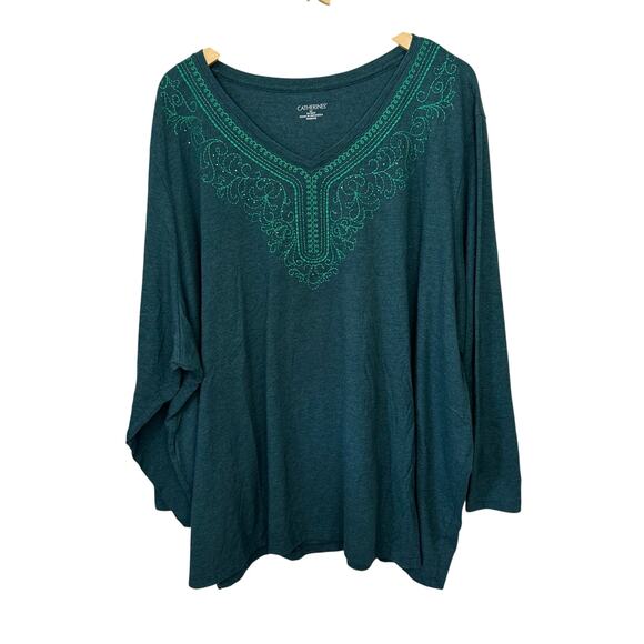 Catherines Size 5X V Neck Top 34/36W Green Embroidered Long Sleeve Boho Cotton - Picture 1 of 7
